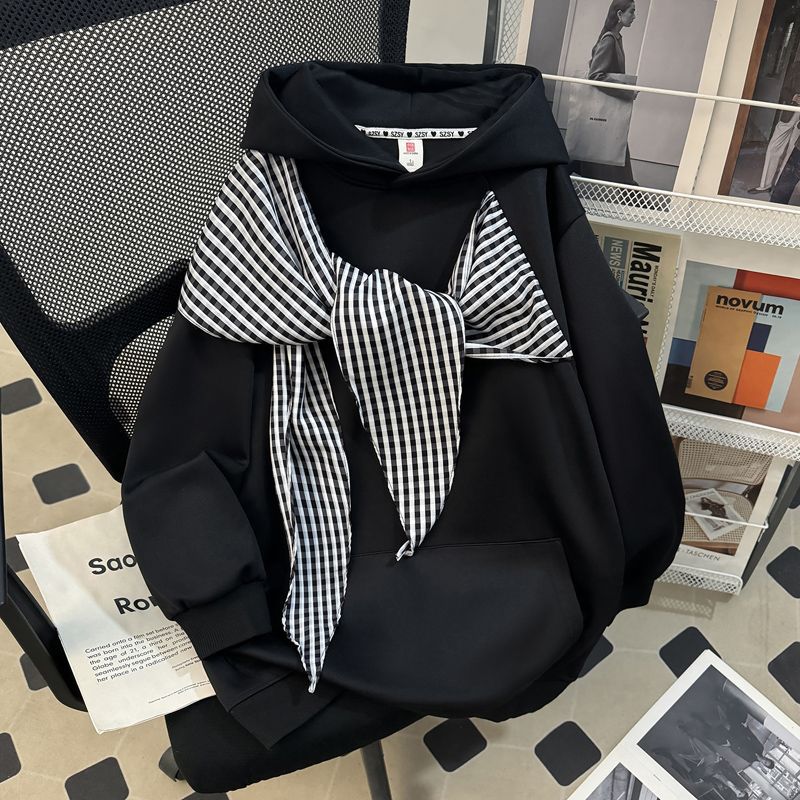 Bow-knot Plaid Strap Hoodie Women's Top