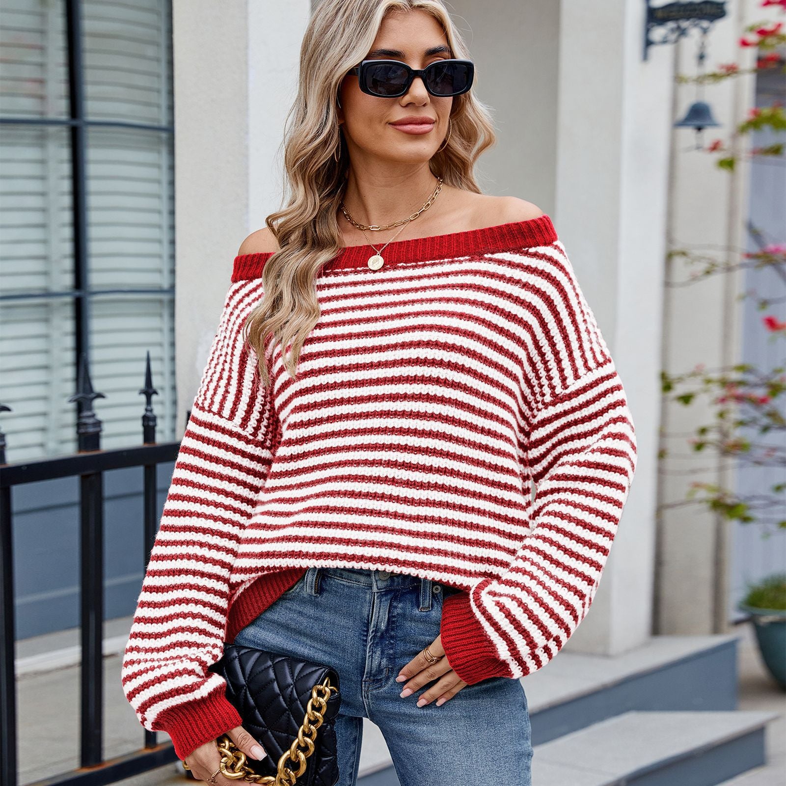 New Stylish Boat-neckline Knit Sweater Striped Contrast-color Sweater