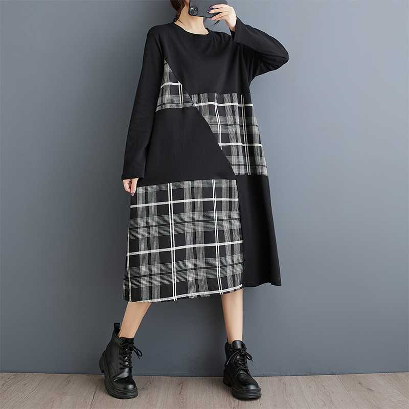 New Plaid Patchwork Loose-fitting Casual Dress