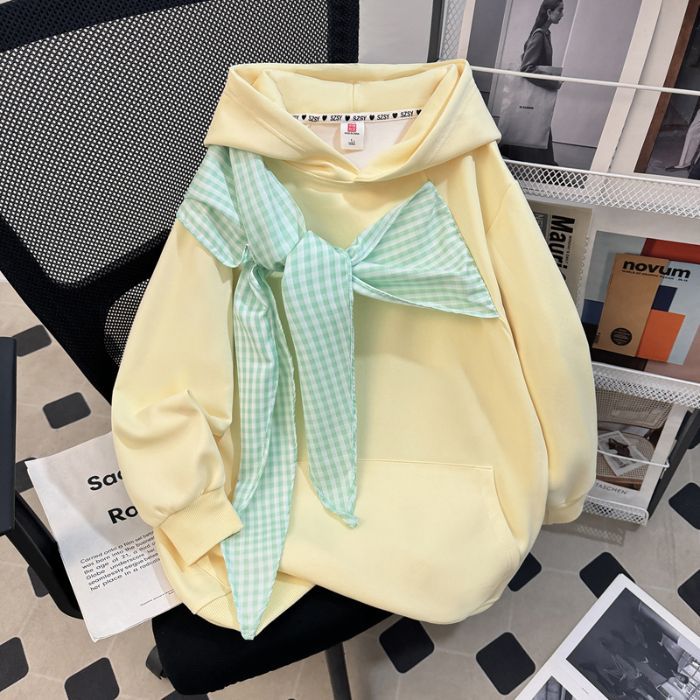 Bow-knot Plaid Strap Hoodie Women's Top