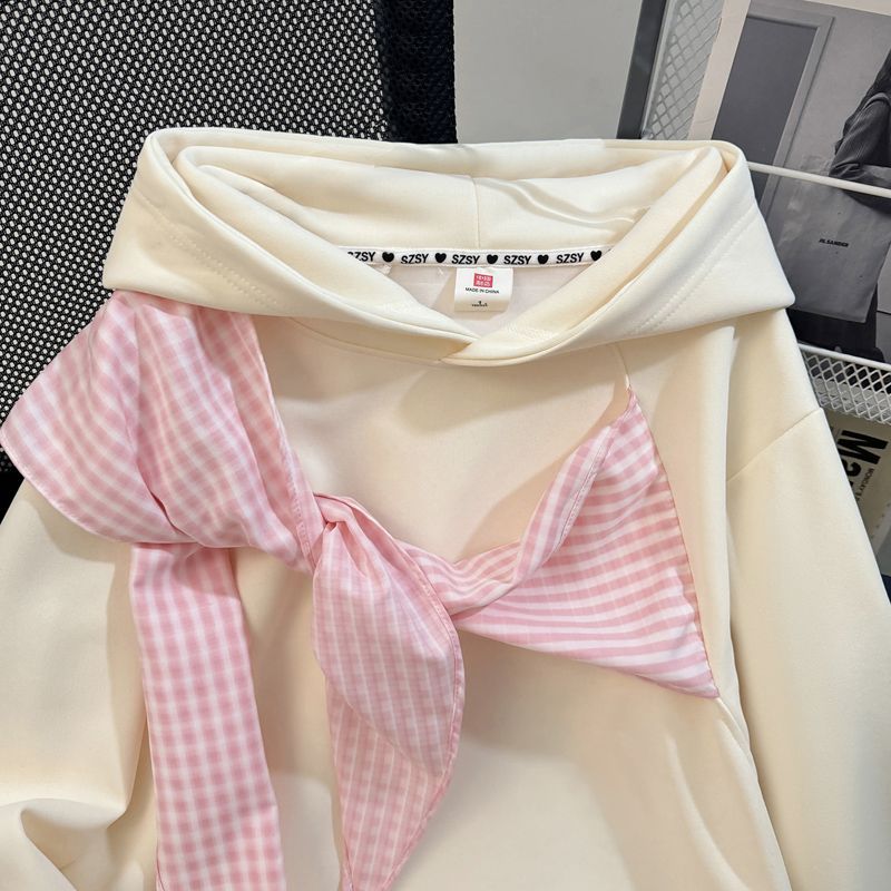 Bow-knot Plaid Strap Hoodie Women's Top