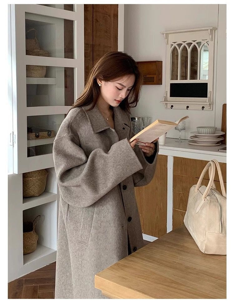 Solid-color, Sophisticated, Vintage-style Double-faced Cashmere Wool Coat With Added Thickness