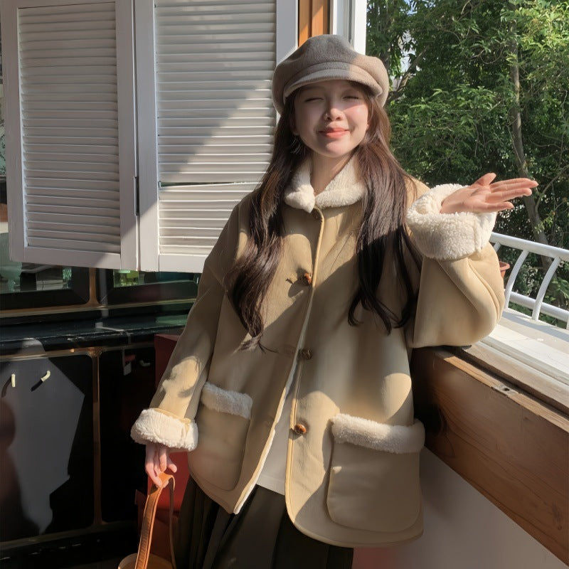 Suede-effect Wool Coat With Dropped Shoulders For Women