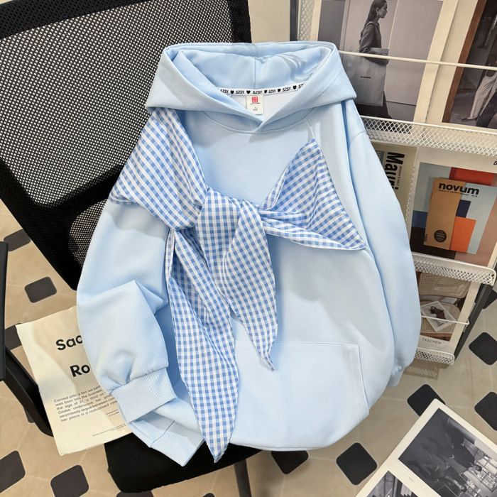Bow-knot Plaid Strap Hoodie Women's Top