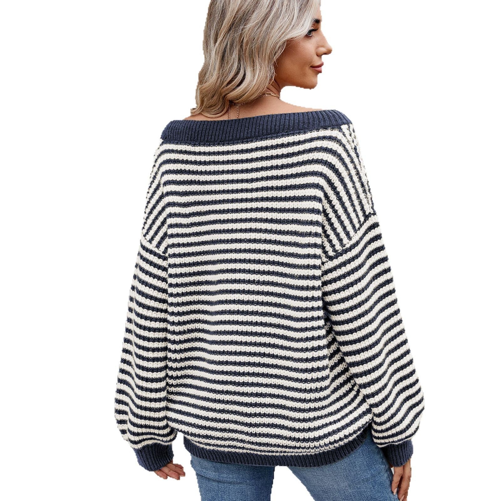 New Stylish Boat-neckline Knit Sweater Striped Contrast-color Sweater