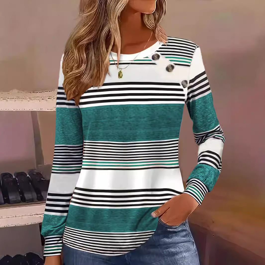 Casual Button Striped Long Sleeve Women's T-shirt