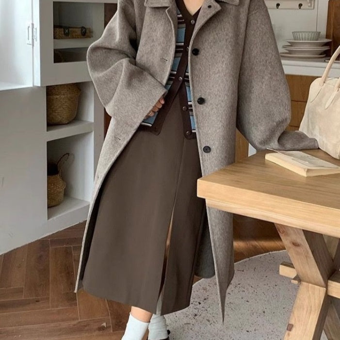 Solid-color, Sophisticated, Vintage-style Double-faced Cashmere Wool Coat With Added Thickness