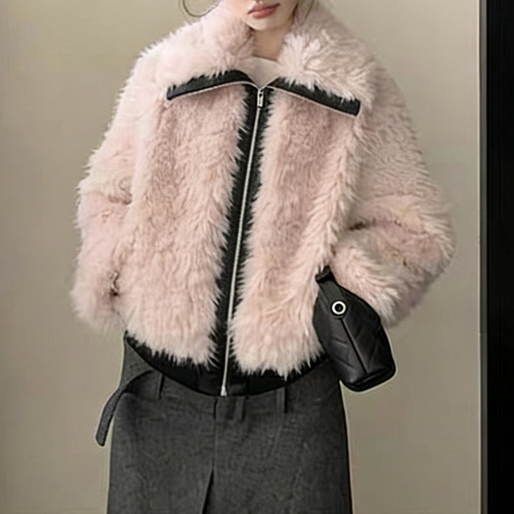 Design-oriented Eco-friendly Wool-and-PU-leather Blend Lapel Jacket