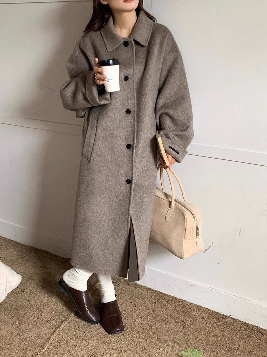 Solid-color, Sophisticated, Vintage-style Double-faced Cashmere Wool Coat With Added Thickness