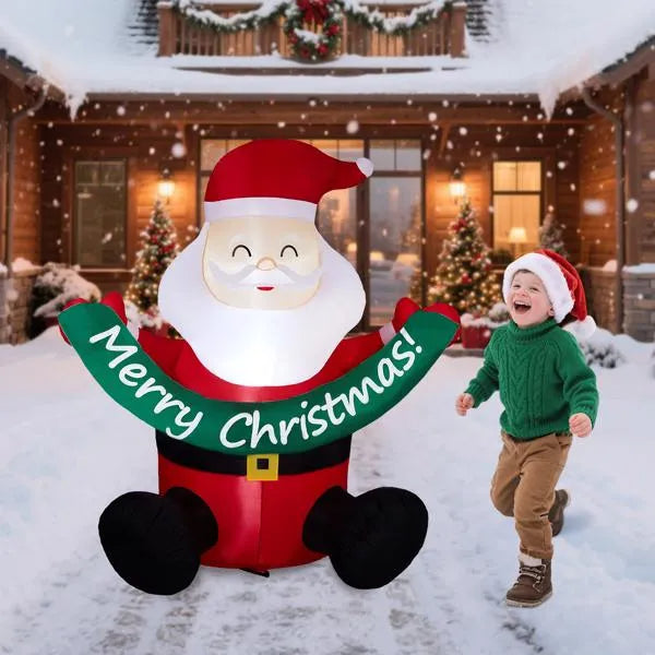 5.8FT Lighted Christmas Inflatable Decoration, Inflatable Santa Claus Holding Banner, Funny Blow Up Yard Decorations With Built-in LED Lights For Holiday Party Front Yard Lawn Garden Decor