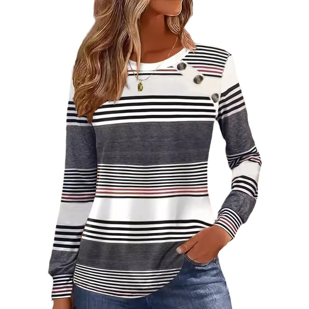 Casual Button Striped Long Sleeve Women's T-shirt