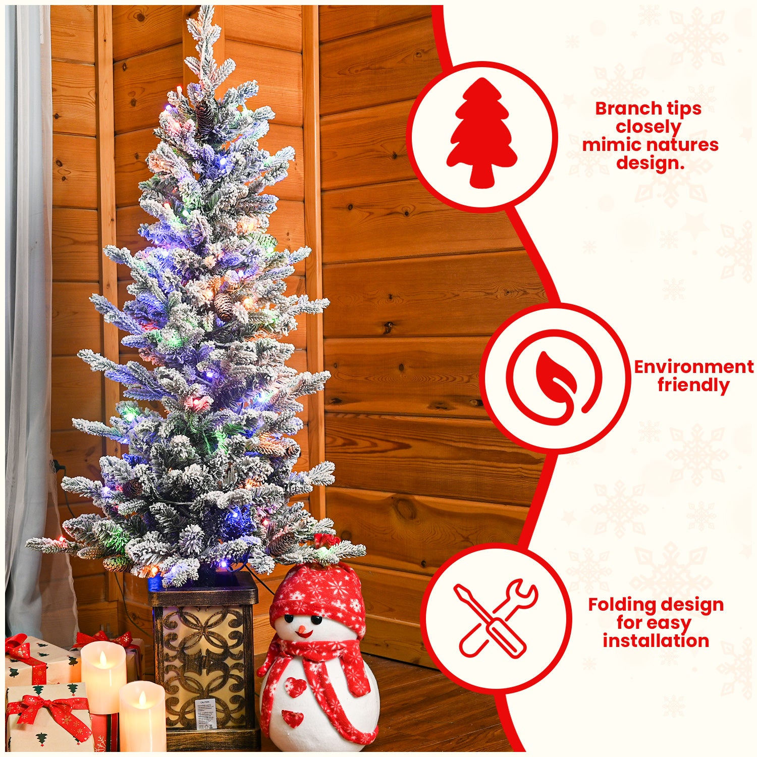 4ft Pre-lit Potted Porch Christmas Tree Small Slim Christmas Tree With Multicolor Lights Twinkle Potted Xmas Tree With Mixed PE, Metal Glint Basin, 8 Color Mode For Entrance, Yard,Pathway Decor